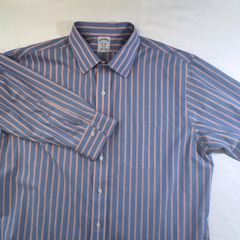 Brooks Brothers‎ Regent Dress Shirt Mens 17 36 Striped Blue Orange Non Iron